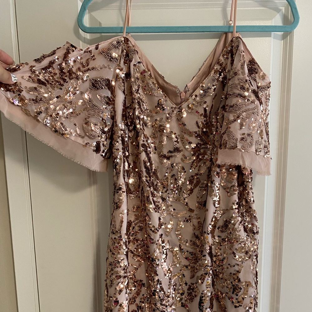 Sequin rose gold off the shoulder dress